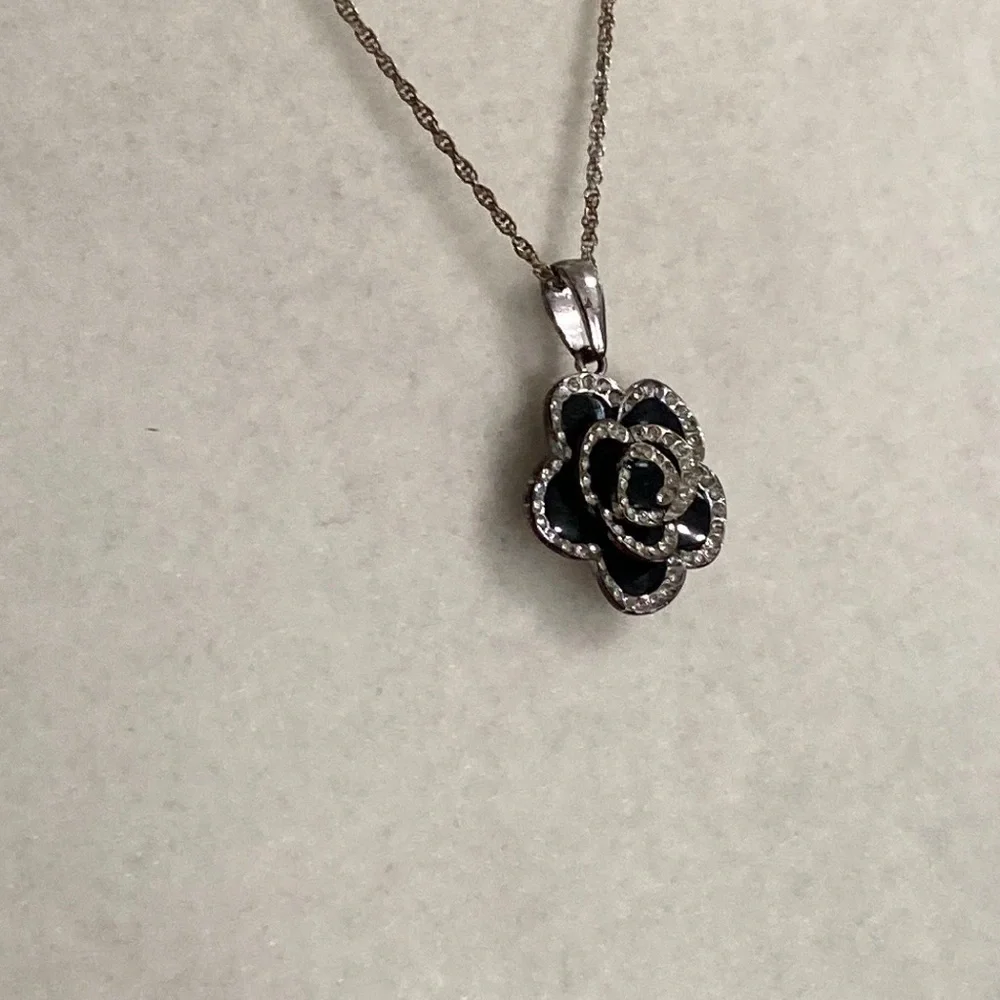 Black Camellias Flower Luxury Style Crystal Accents Necklace - Picture 6 of 11